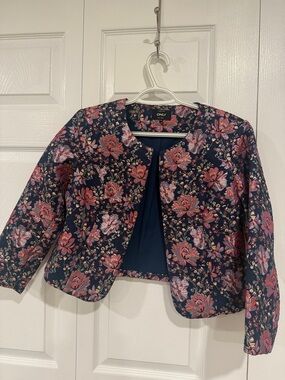 ONLY Navy Floral Cropped Blazer with Pink Accents